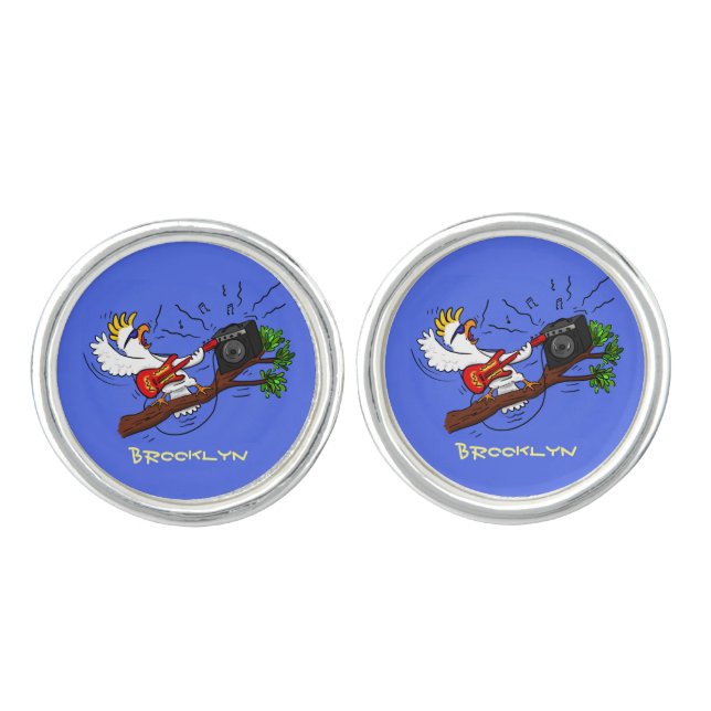 Funny cockatoo playing rock guitar cartoon  cufflinks (Front)