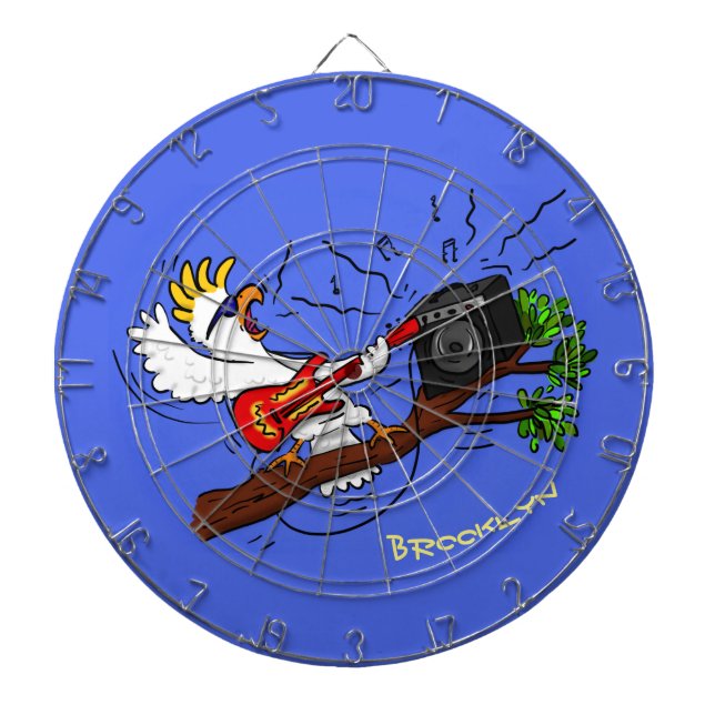 Funny cockatoo playing rock guitar cartoon dart board (Front)