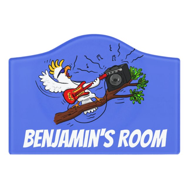 Funny cockatoo playing rock guitar cartoon door sign (Small Crest Front)