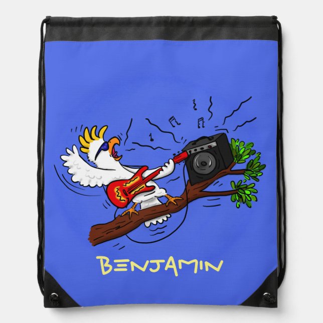 Funny cockatoo playing rock guitar cartoon drawstring bag (Front)