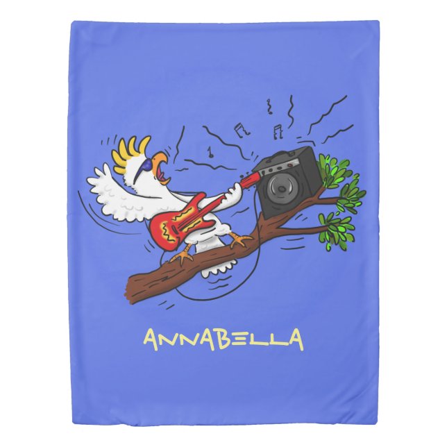 Funny cockatoo playing rock guitar cartoon duvet cover (Front)