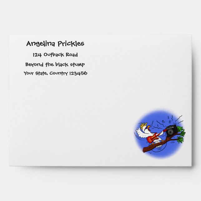 Funny cockatoo playing rock guitar cartoon envelope (Front)