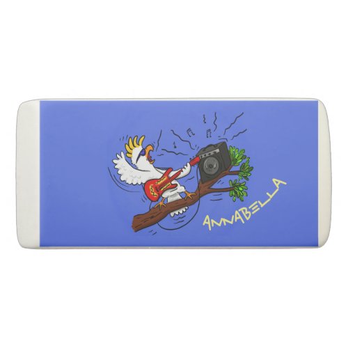 Funny cockatoo playing rock guitar cartoon eraser