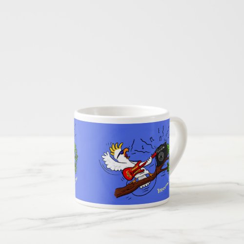 Funny cockatoo playing rock guitar cartoon espresso cup
