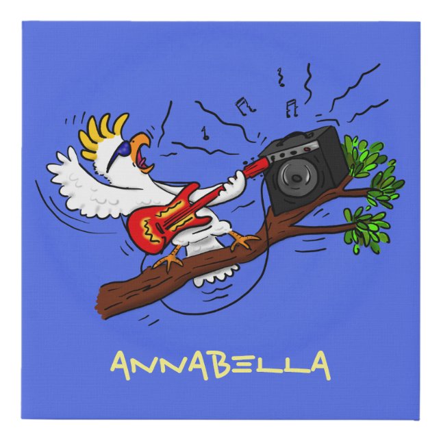Funny cockatoo playing rock guitar cartoon faux canvas print (Front)