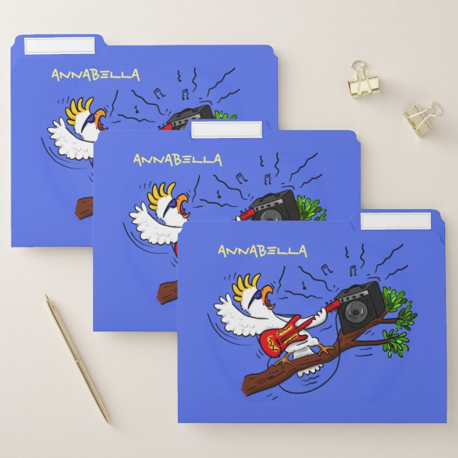 Funny cockatoo playing rock guitar cartoon file folder (Set)