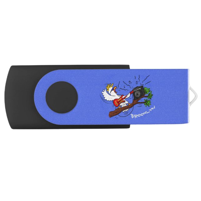 Funny cockatoo playing rock guitar cartoon flash drive (Front)