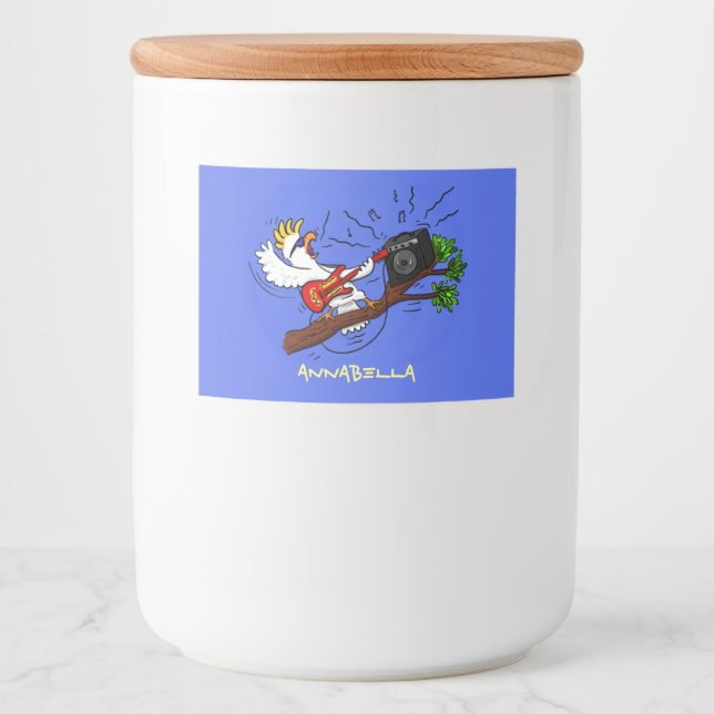 Funny cockatoo playing rock guitar cartoon food label (Front)