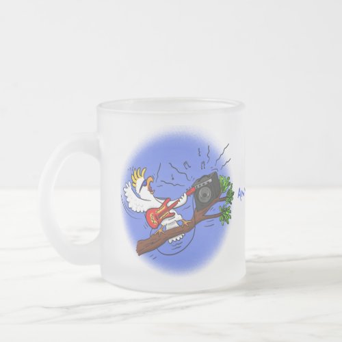 Funny cockatoo playing rock guitar cartoon frosted glass coffee mug