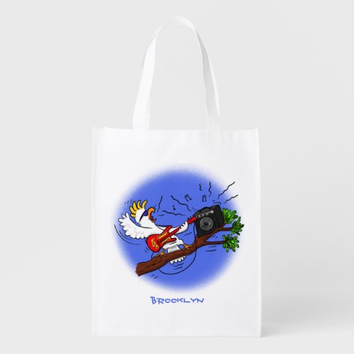 Funny cockatoo playing rock guitar cartoon grocery bag