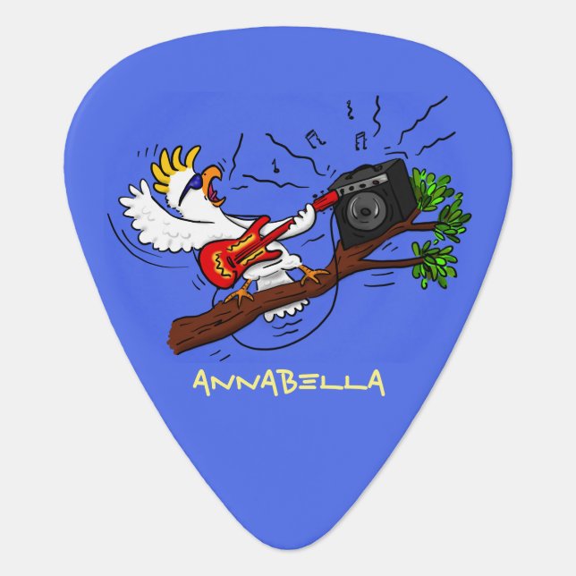 Funny cockatoo playing rock guitar cartoon guitar pick (Front)
