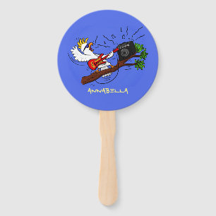 Funny cockatoo playing rock guitar cartoon hand fan