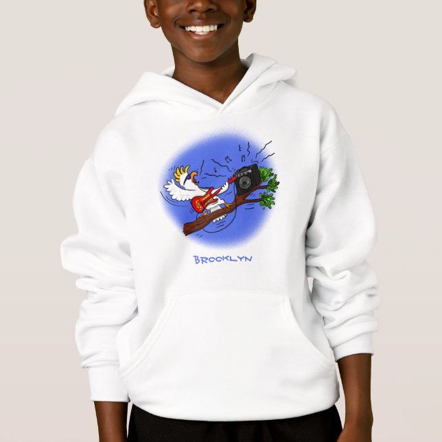 Funny cockatoo playing rock guitar cartoon hoodie (Front)
