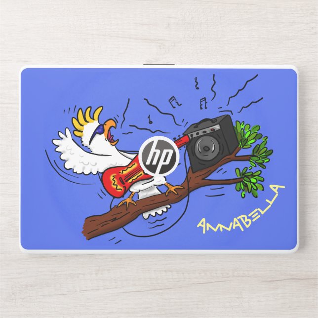 Funny cockatoo playing rock guitar cartoon HP laptop skin (Front)