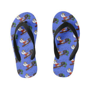 Funny cockatoo playing rock guitar cartoon kid's flip flops