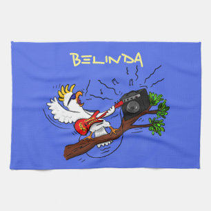 Funny cockatoo playing rock guitar cartoon kitchen towel