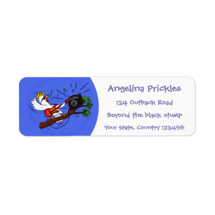 Funny cockatoo playing rock guitar cartoon label