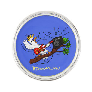 Funny cockatoo playing rock guitar cartoon lapel pin