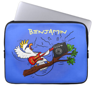 Funny cockatoo playing rock guitar cartoon laptop sleeve