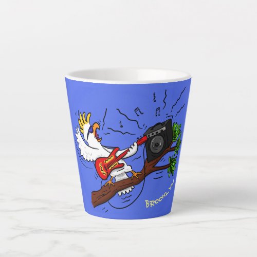 Funny cockatoo playing rock guitar cartoon latte mug