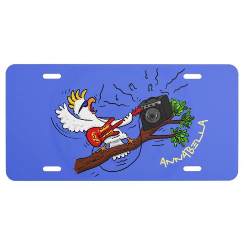 Funny cockatoo playing rock guitar cartoon license plate
