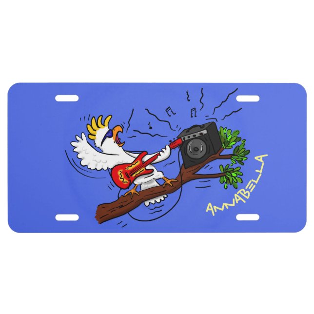 Funny cockatoo playing rock guitar cartoon license plate (Front)