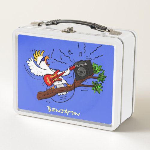 Funny cockatoo playing rock guitar cartoon metal lunch box