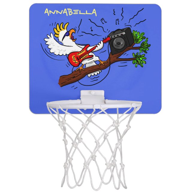 Funny cockatoo playing rock guitar cartoon mini basketball hoop (Front)