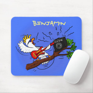 Funny cockatoo playing rock guitar cartoon mouse pad