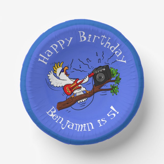 Funny cockatoo playing rock guitar cartoon paper bowls (Front)