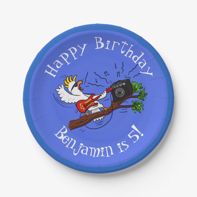 Funny cockatoo playing rock guitar cartoon paper plates (Front)