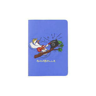 Funny cockatoo playing rock guitar cartoon passport holder