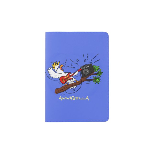 Funny cockatoo playing rock guitar cartoon  passport holder (Front)