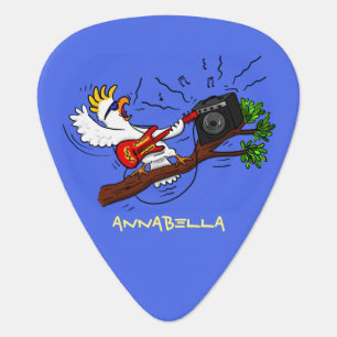 Funny cockatoo playing rock guitar cartoon pick