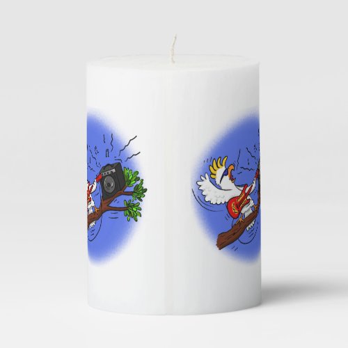 Funny cockatoo playing rock guitar cartoon pillar candle