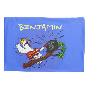Funny cockatoo playing rock guitar cartoon pillow case