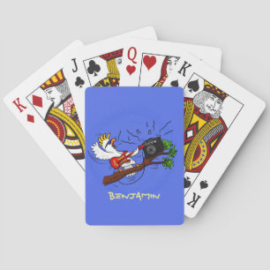 Funny cockatoo playing rock guitar cartoon poker cards