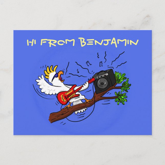 Funny cockatoo playing rock guitar cartoon postcard (Front)