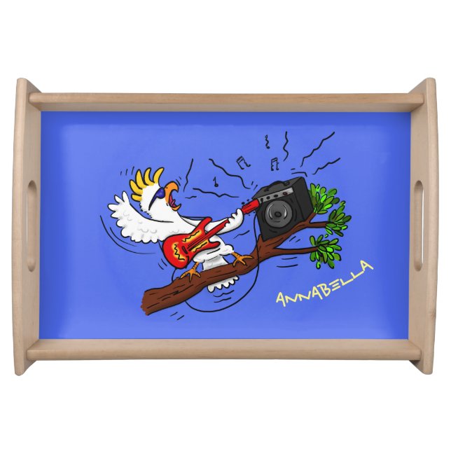 Funny cockatoo playing rock guitar cartoon serving tray (Front)