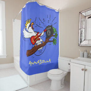 Funny cockatoo playing rock guitar cartoon shower curtain