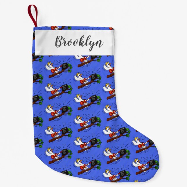 Funny cockatoo playing rock guitar cartoon small christmas stocking (Front)