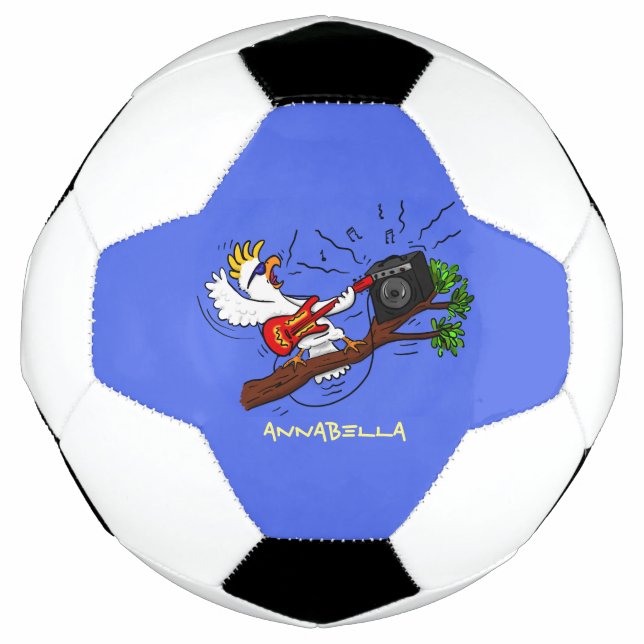Funny cockatoo playing rock guitar cartoon soccer ball (Front)