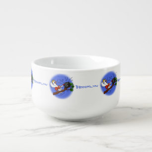 Funny cockatoo playing rock guitar cartoon soup mug