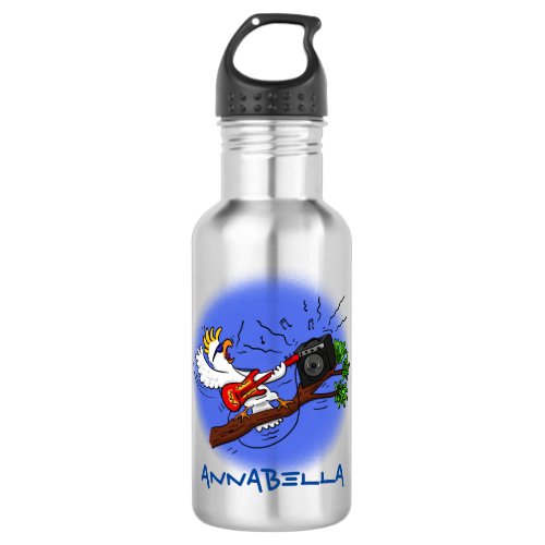 Funny cockatoo playing rock guitar cartoon stainless steel water bottle