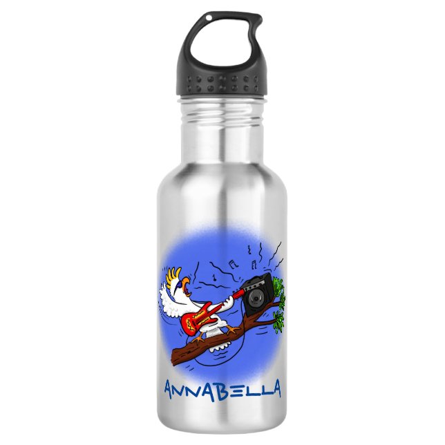 Funny cockatoo playing rock guitar cartoon stainless steel water bottle (Front)