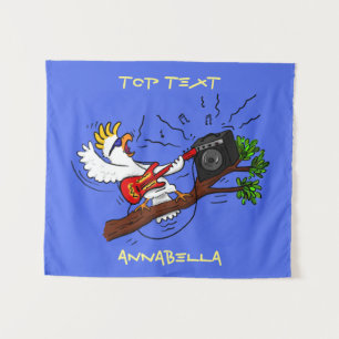 Funny cockatoo playing rock guitar cartoon tapestry