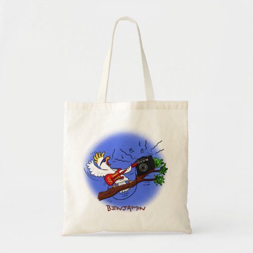 Funny cockatoo playing rock guitar cartoon tote bag