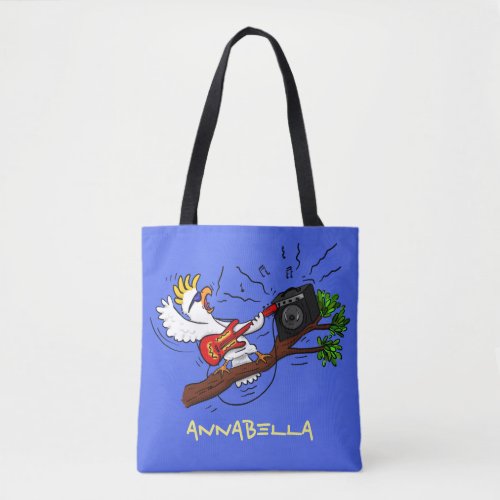 Funny cockatoo playing rock guitar cartoon tote bag
