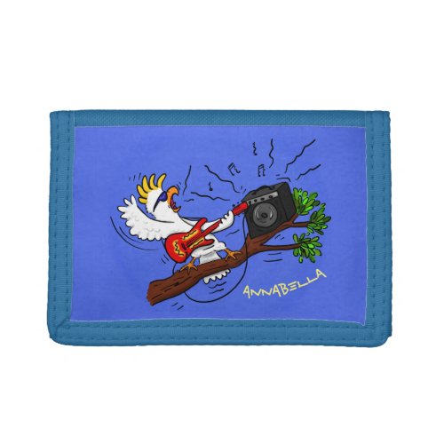 Funny cockatoo playing rock guitar cartoon trifold wallet