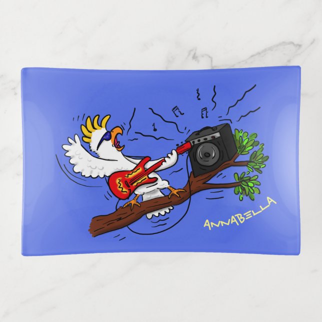 Funny cockatoo playing rock guitar cartoon trinket tray (Front)